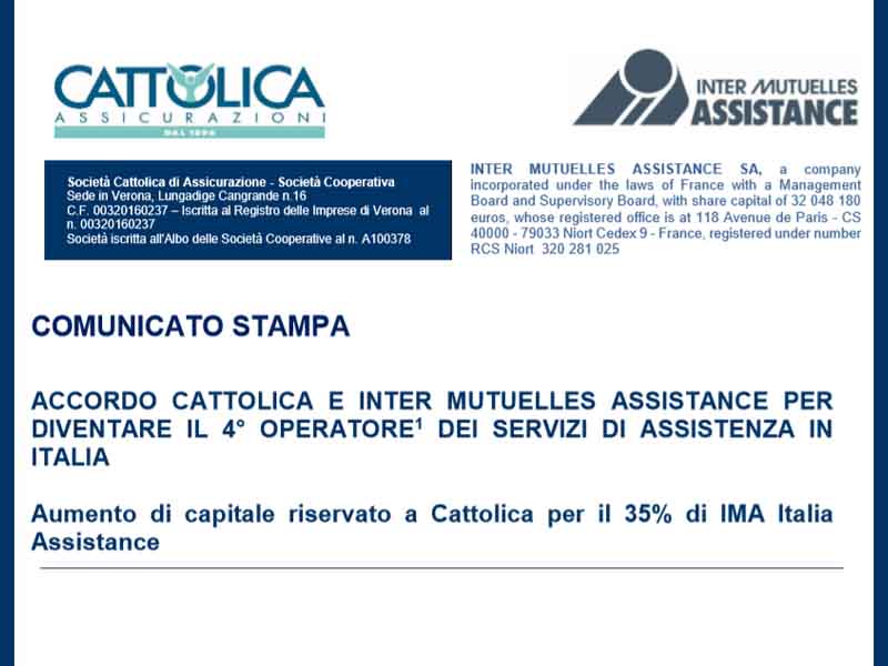 Cattolica: accordo con Inter Mutuelles Assistance