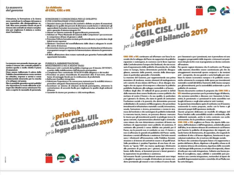le priorità di CGIL, CISL e UIL per la legge di bilancio 2019