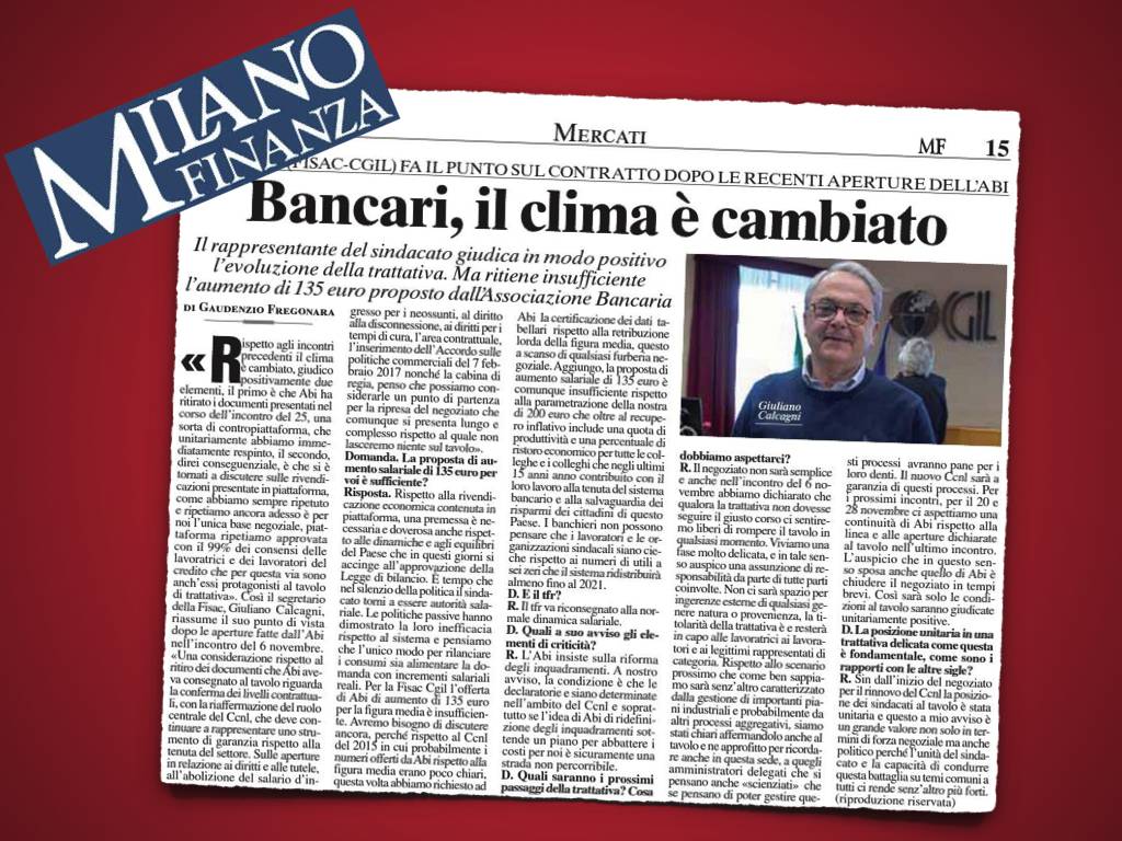 CCNL ABI: intervista la Segretario Generale della Fisac Cgil Giuliano Calcagni