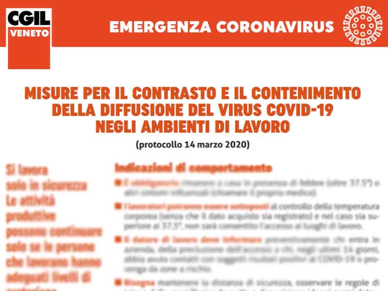CGIL Veneto: misure per il contrasto al Covid-19 negli ambienti di lavoro