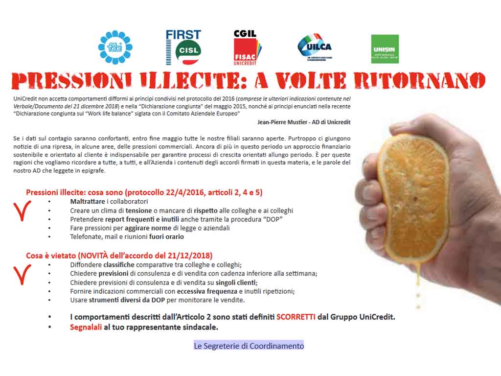 Unicredit: pressioni illecite